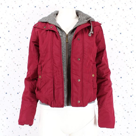 Burgundy Grey Jersey Hooded Padded Jacket - Picture 2 of 11